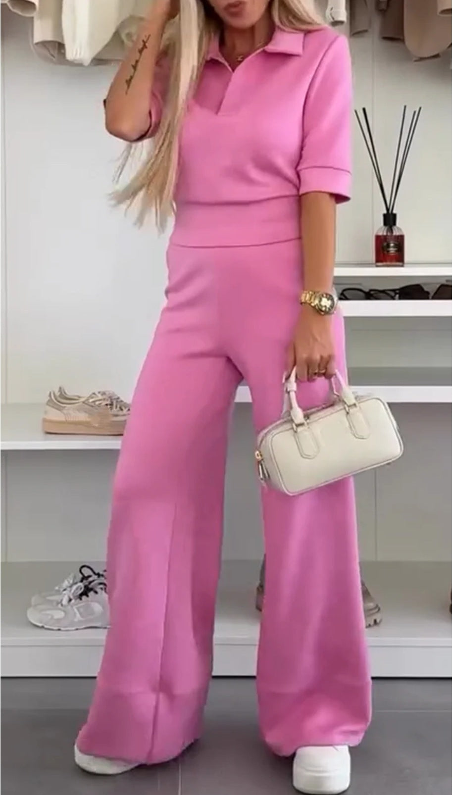 Solid color short-sleeved lapel top and high-waisted wide-leg pants two-piece suit
