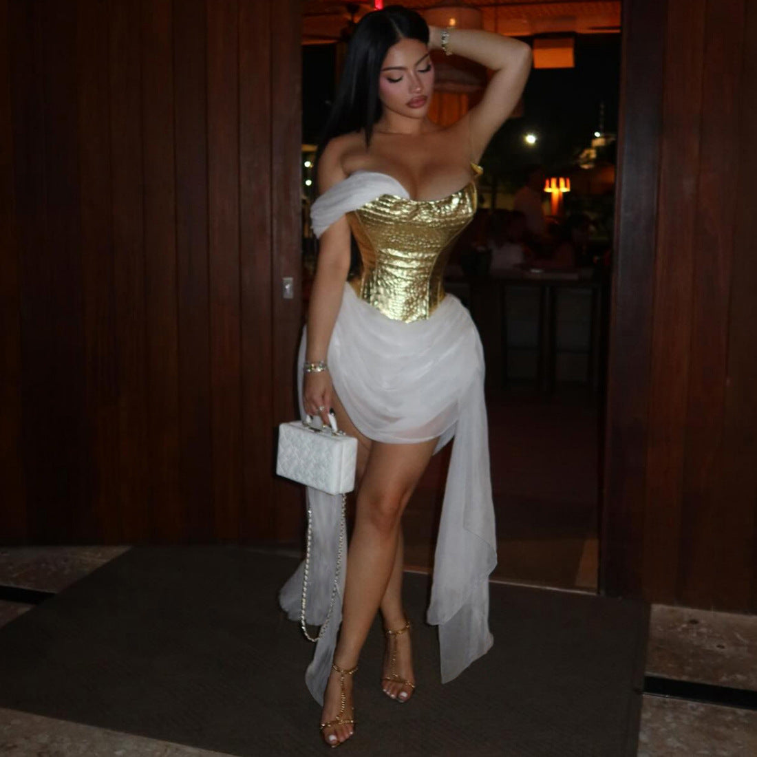 Embossed Metallic Strapless Corset Sheer Drape Panel Mini Party Dress