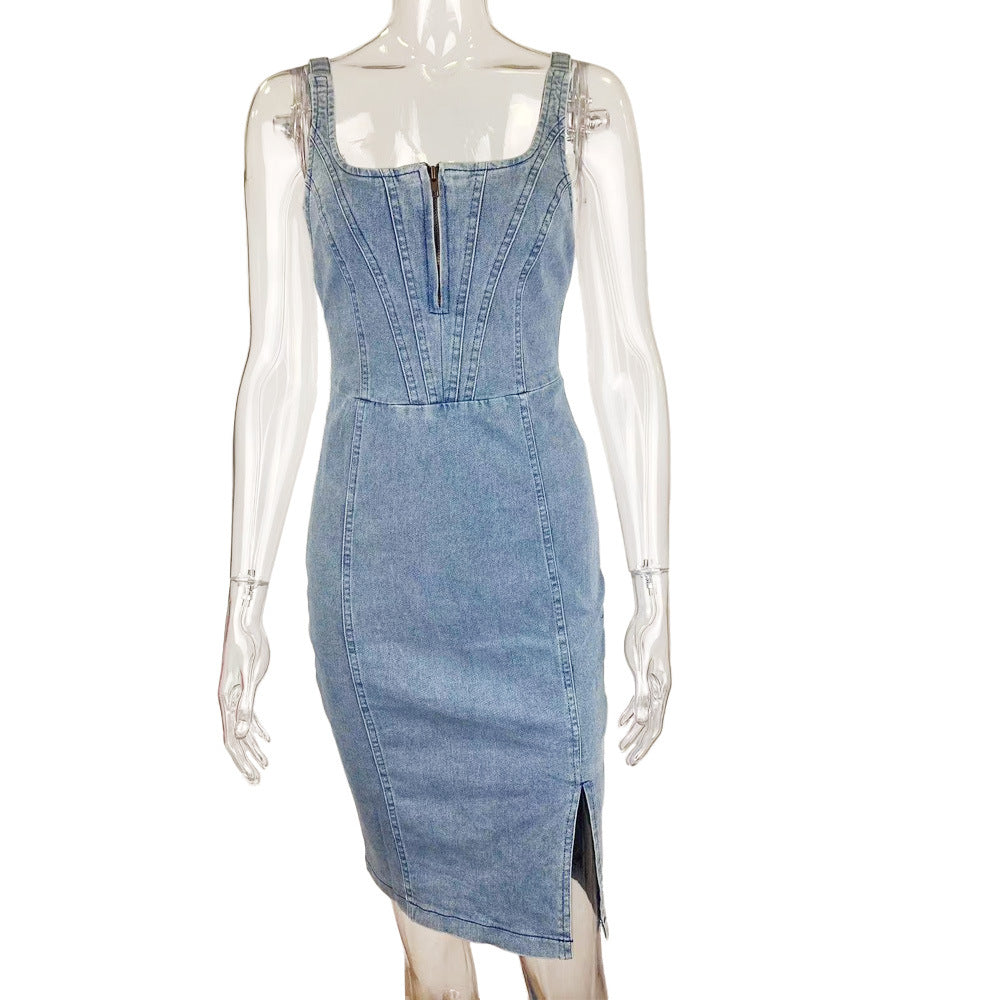 Denim Scoop-Neck Corset Split Bodycon Midi Dress 6