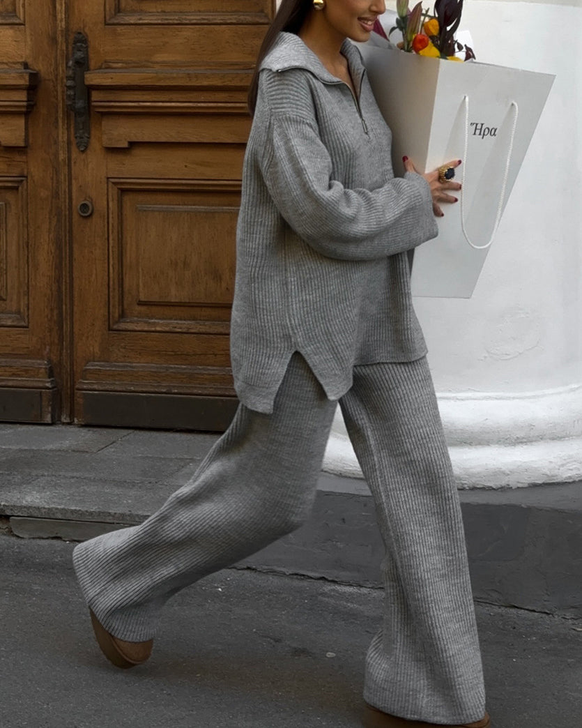 Cozy Lapel half-zip long-sleeved knit top and wide-leg pants set