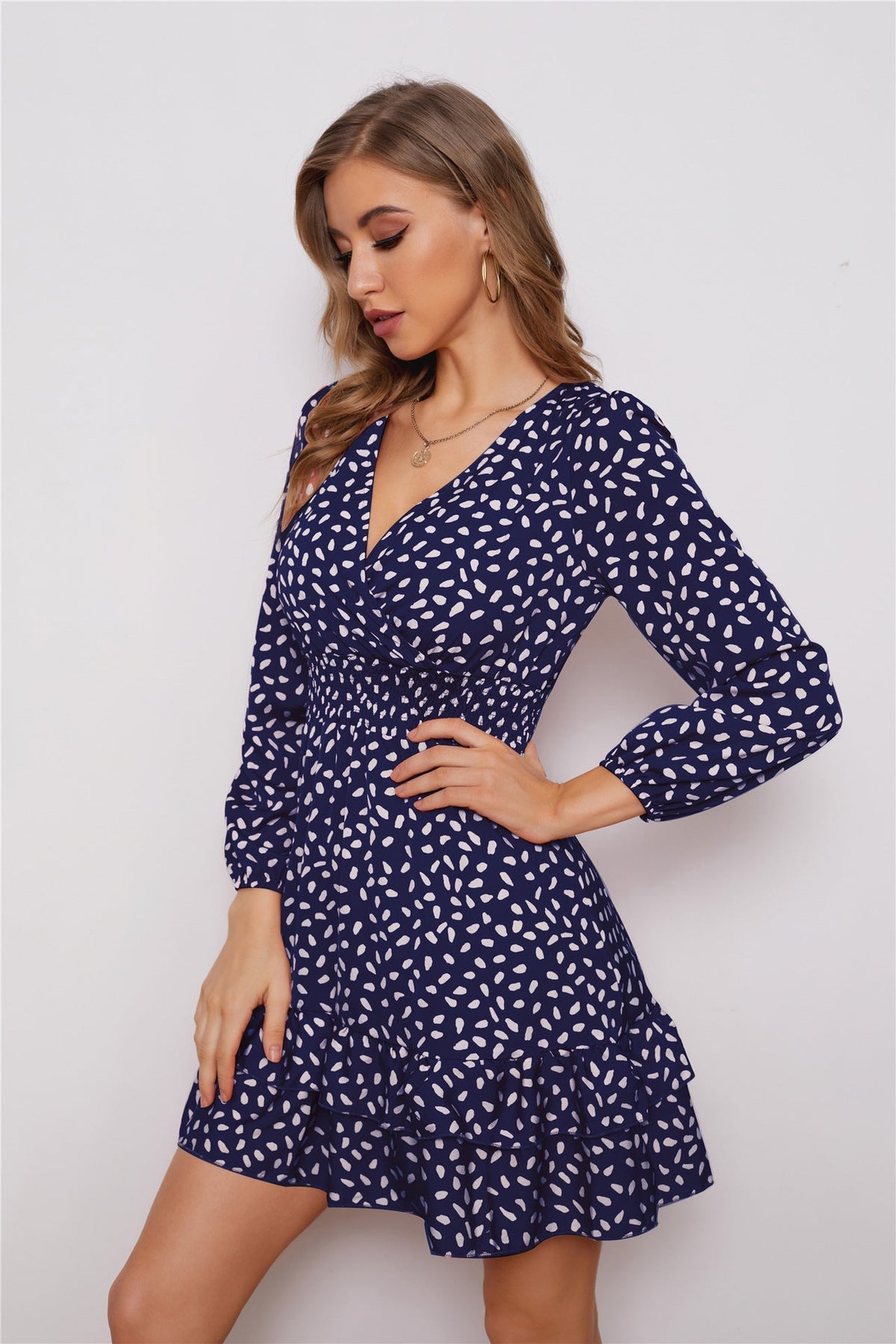 Spotted Print V-Neck Long Sleeve Tiered Ruffle Mini Dress