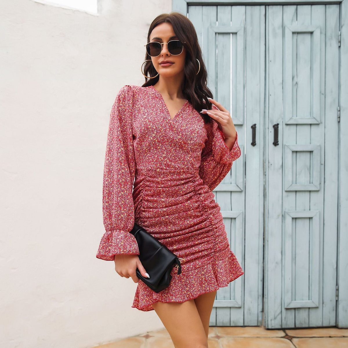 Floral Print V-Neck Long Sleeve Ruched Mini Dress