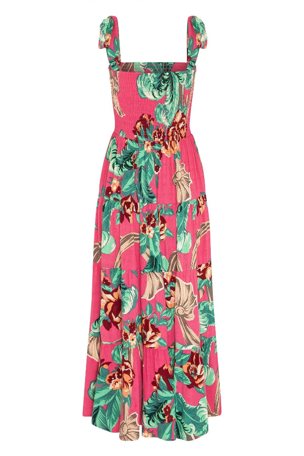 Floral Print Tie Strap Smocked Tiered Midi Dress