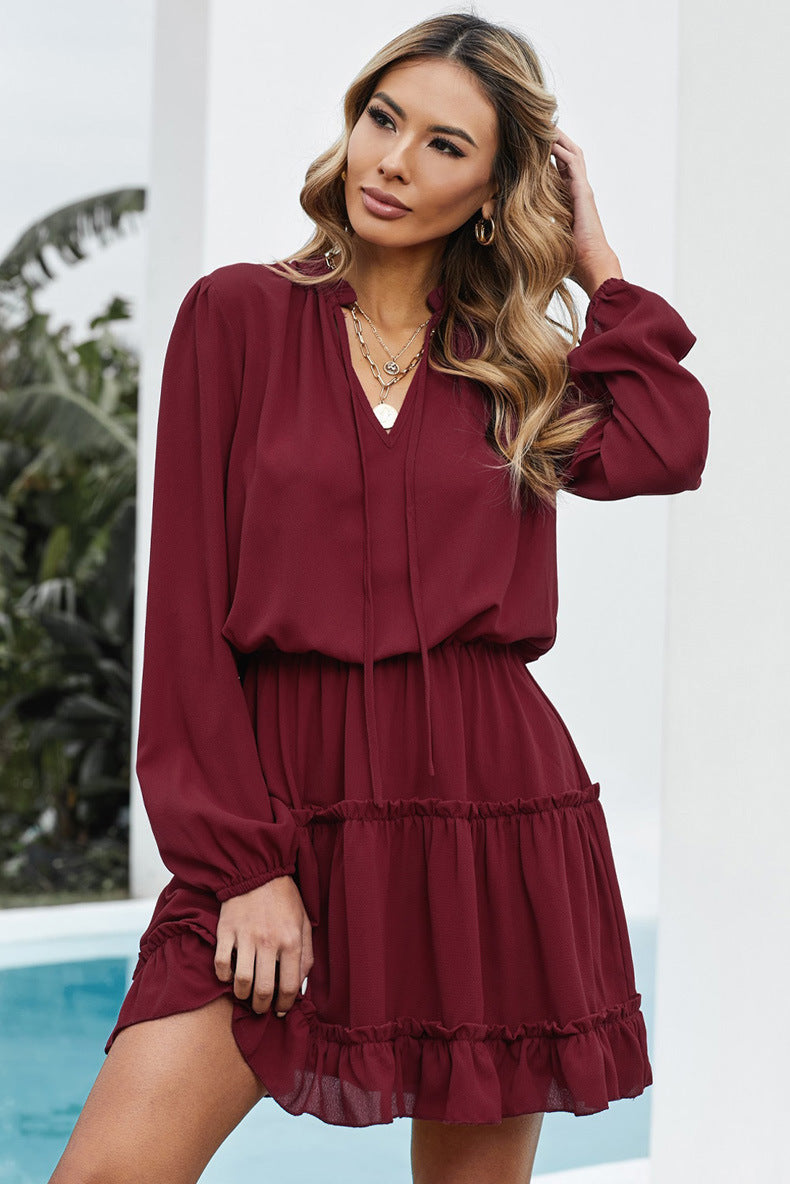 V-Neck Tie Neck Long Sleeve Ruffle Tiered Mini Dress