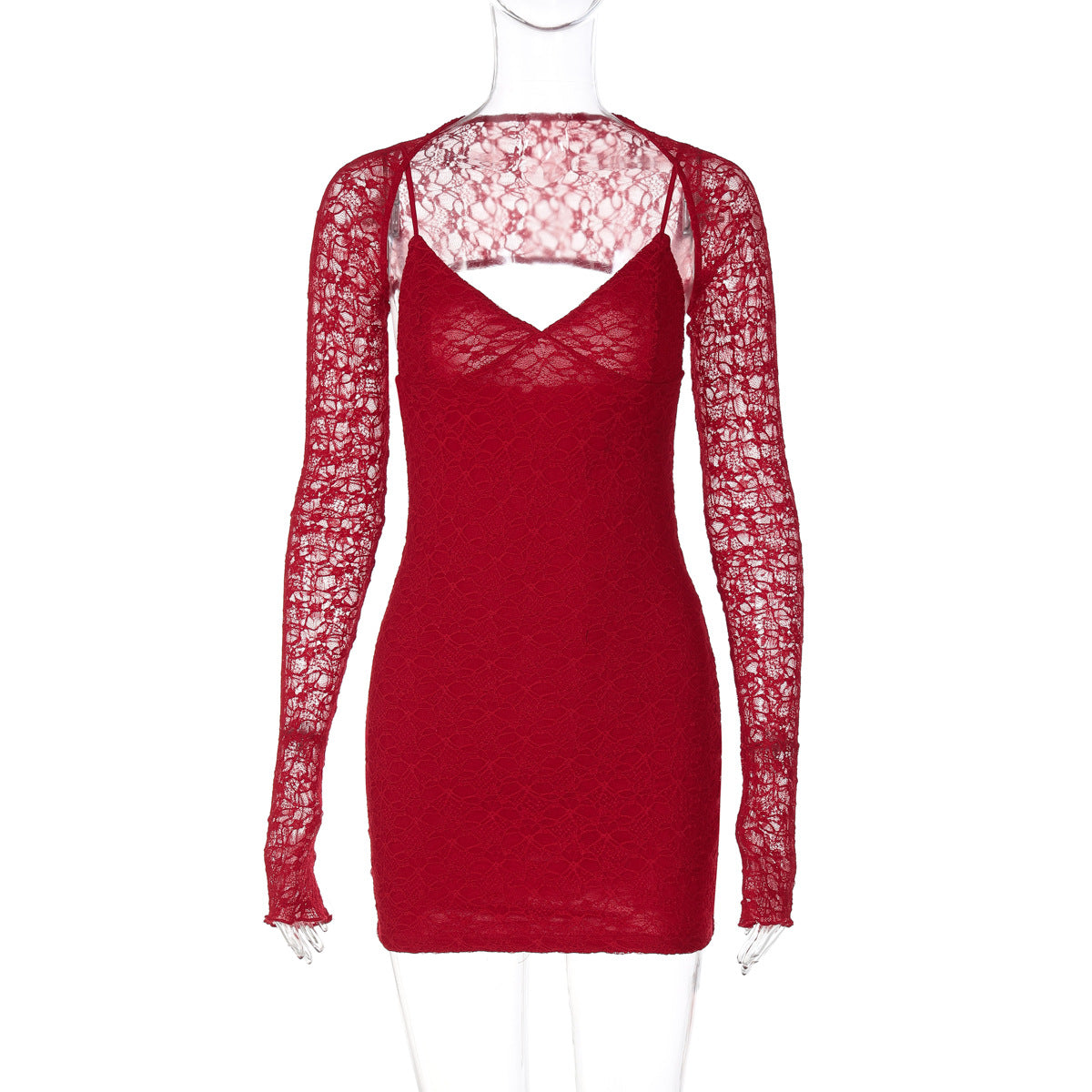Lace Spaghetti Strap Deep V-Neck Bodycon Mini Bolero Set - View 3