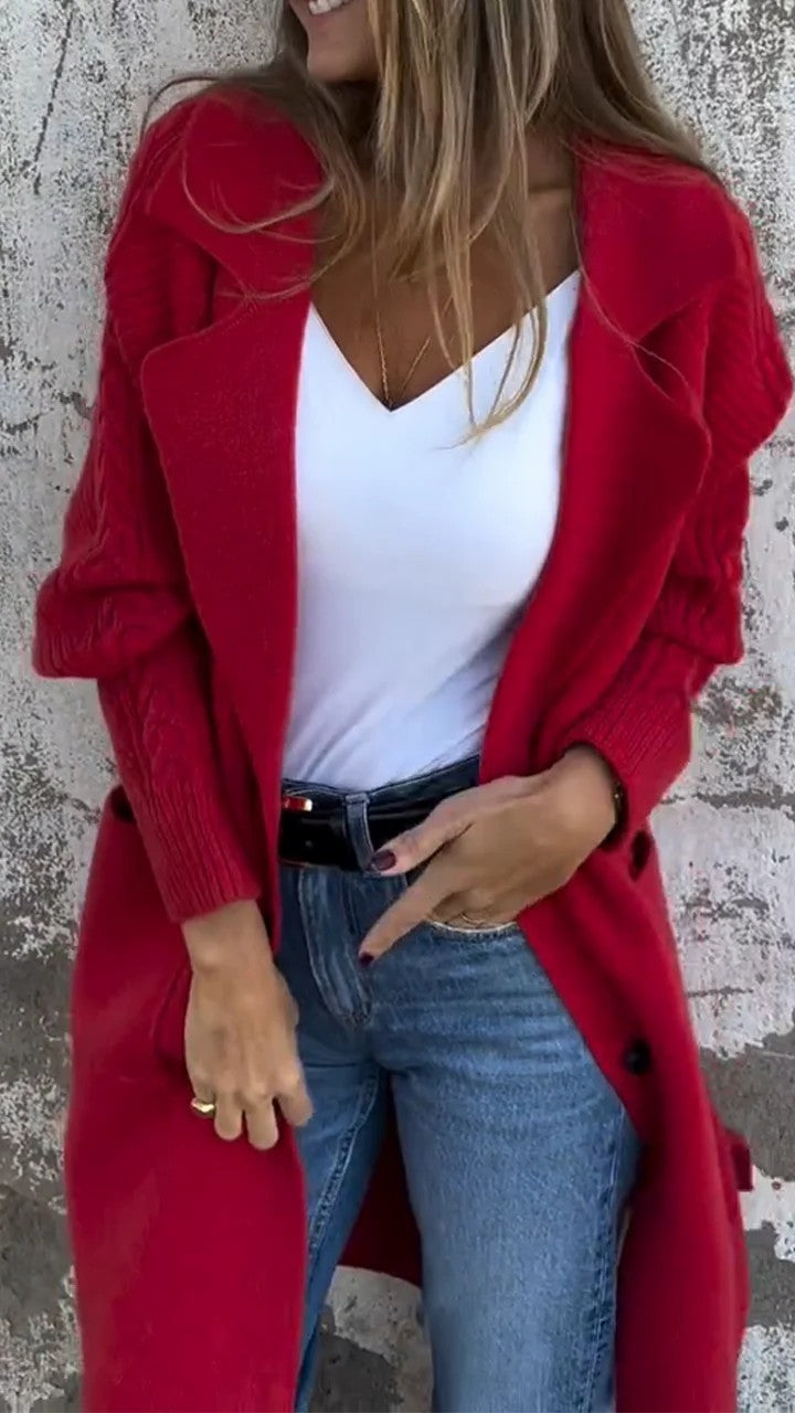 Lapel Cable-Knit Sleeves Long Knitted Coat for Cozy Elegance