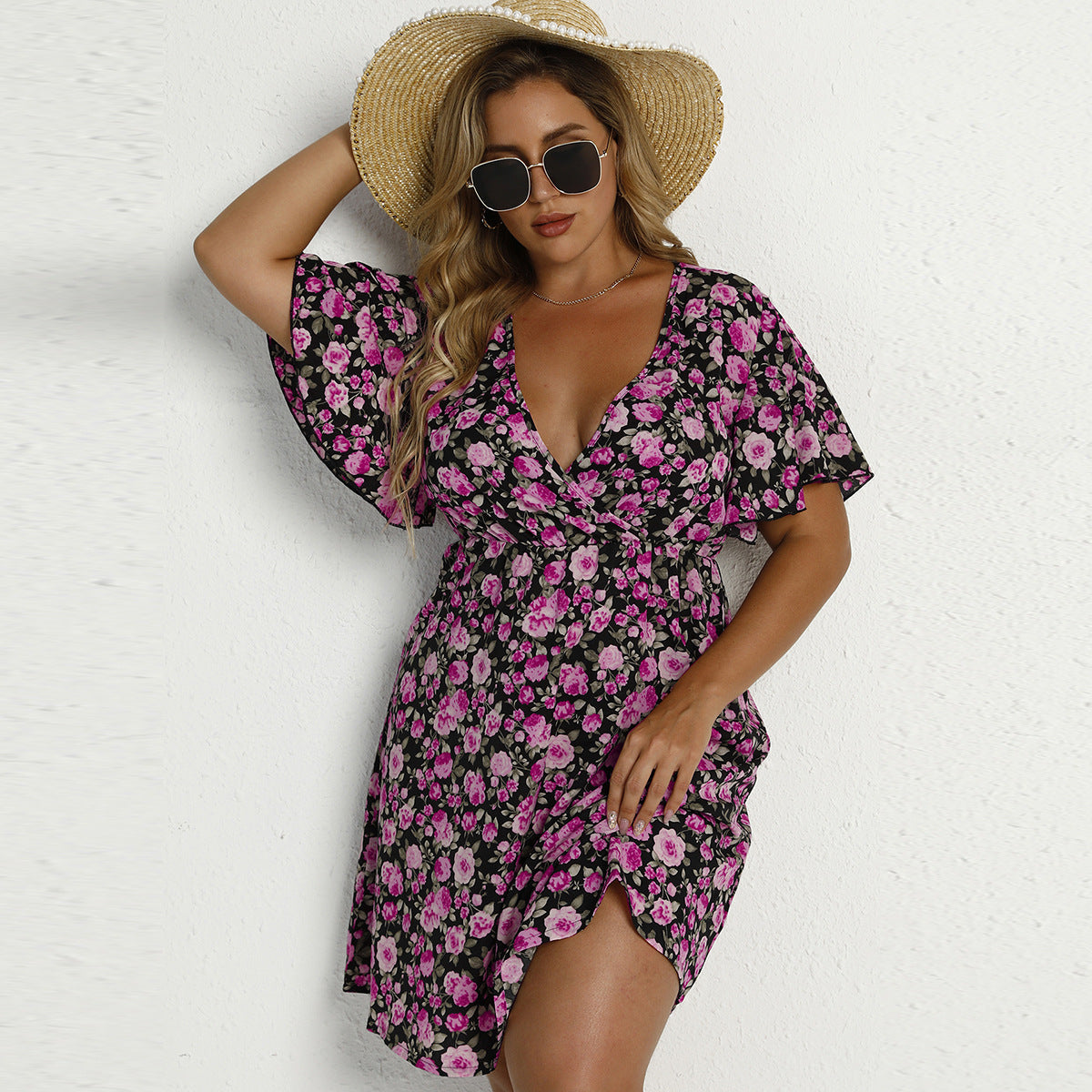 Floral Print V-Neck Flutter Sleeve Wrap Mini Dress