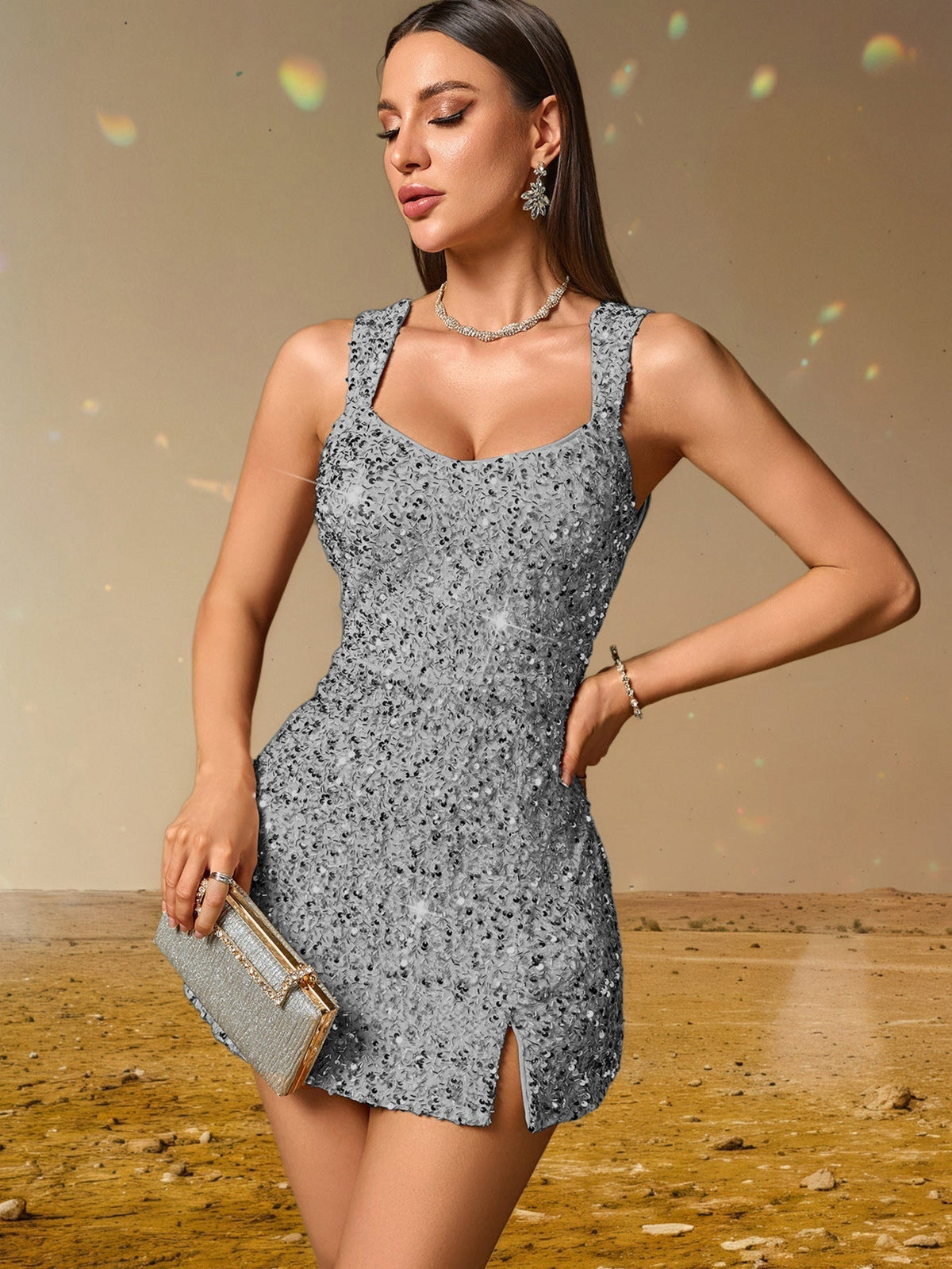 Sequin Square Neck Side Split Bodycon Mini Dress - View 8