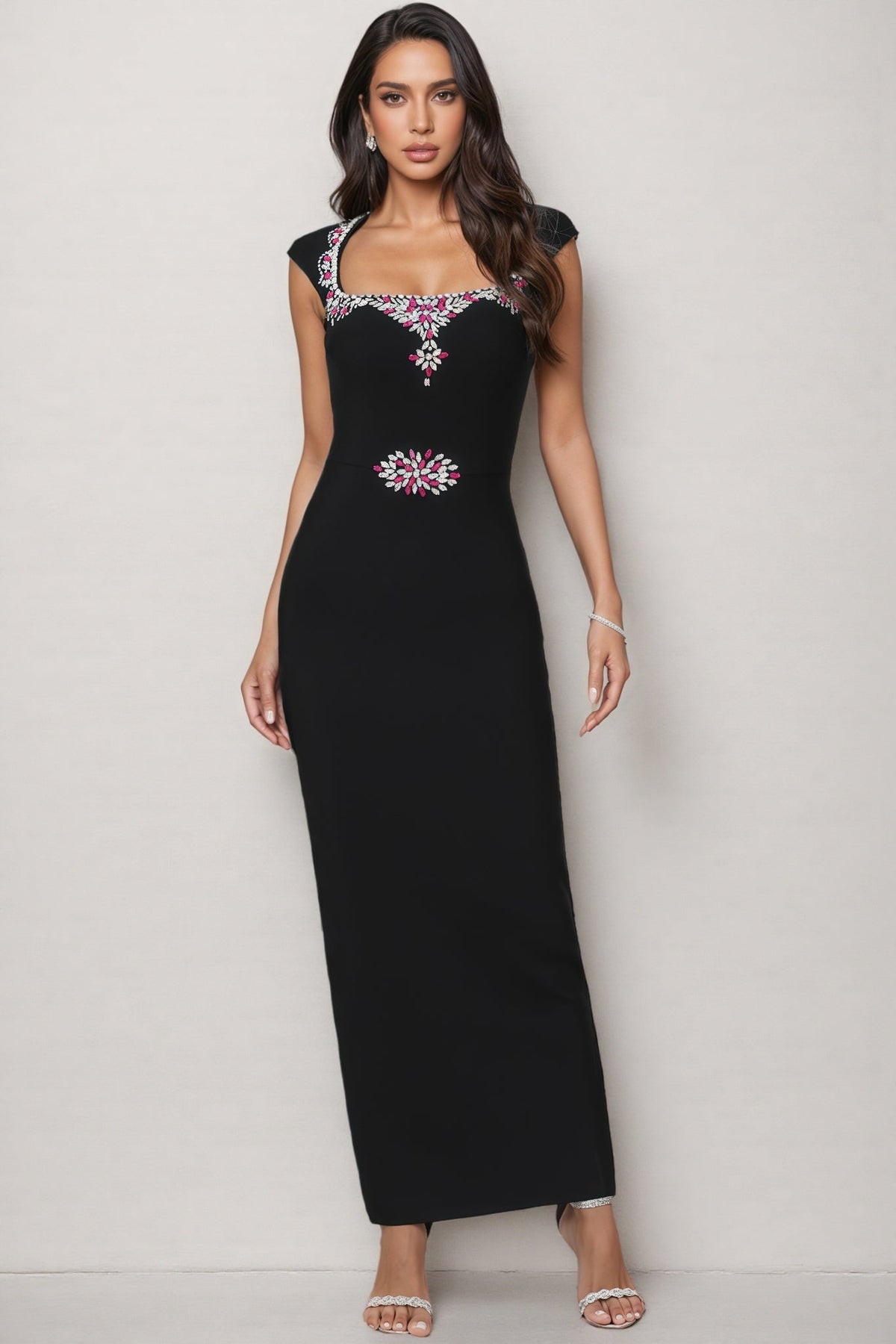 Rhinestone Floral Cap Sleeve Scoop Neck Waist Motif Bandage Maxi Gown