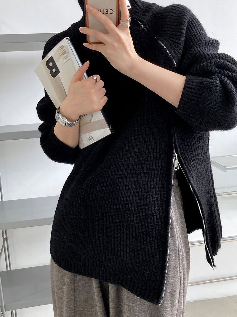 ShoptheCIC Solid Color Turtleneck Knit Sweater with Zip