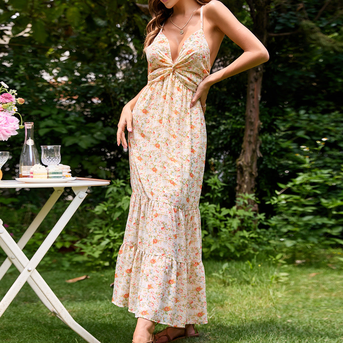 Floral Print Twist Front Deep V-Neck Tiered Maxi Dress