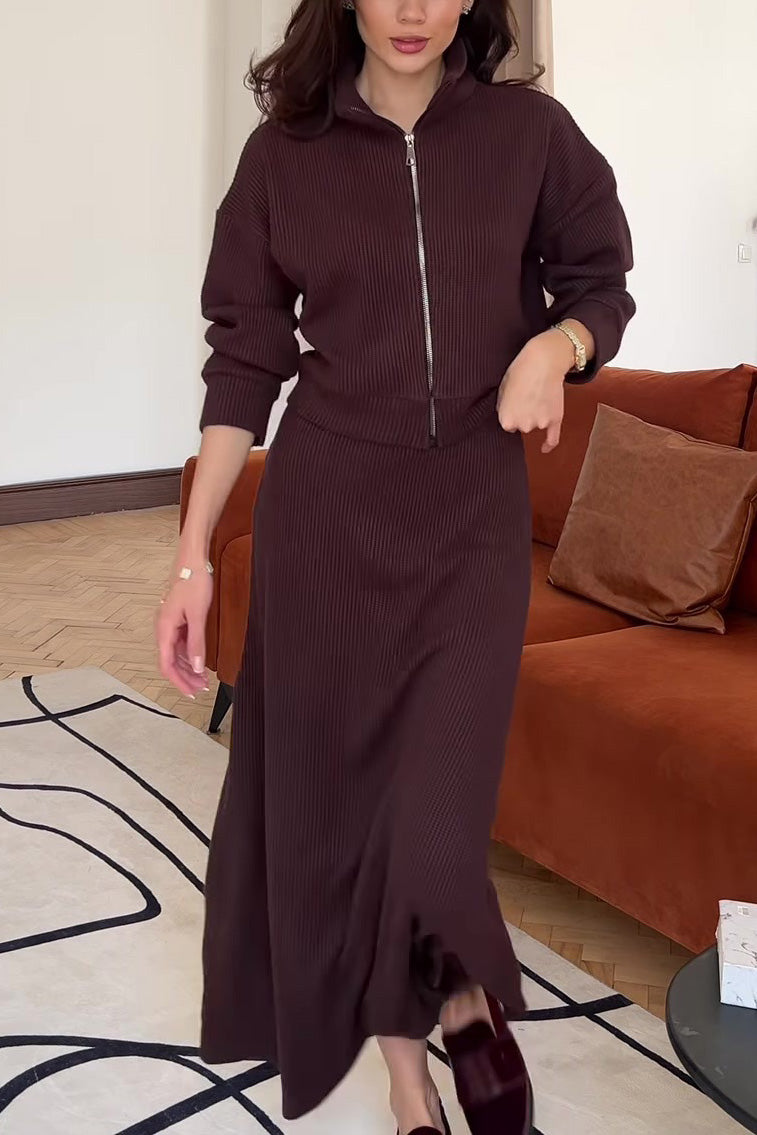 Chic Solid Color Knit Lapel Zip-Up Coat and Maxi Skirt Set