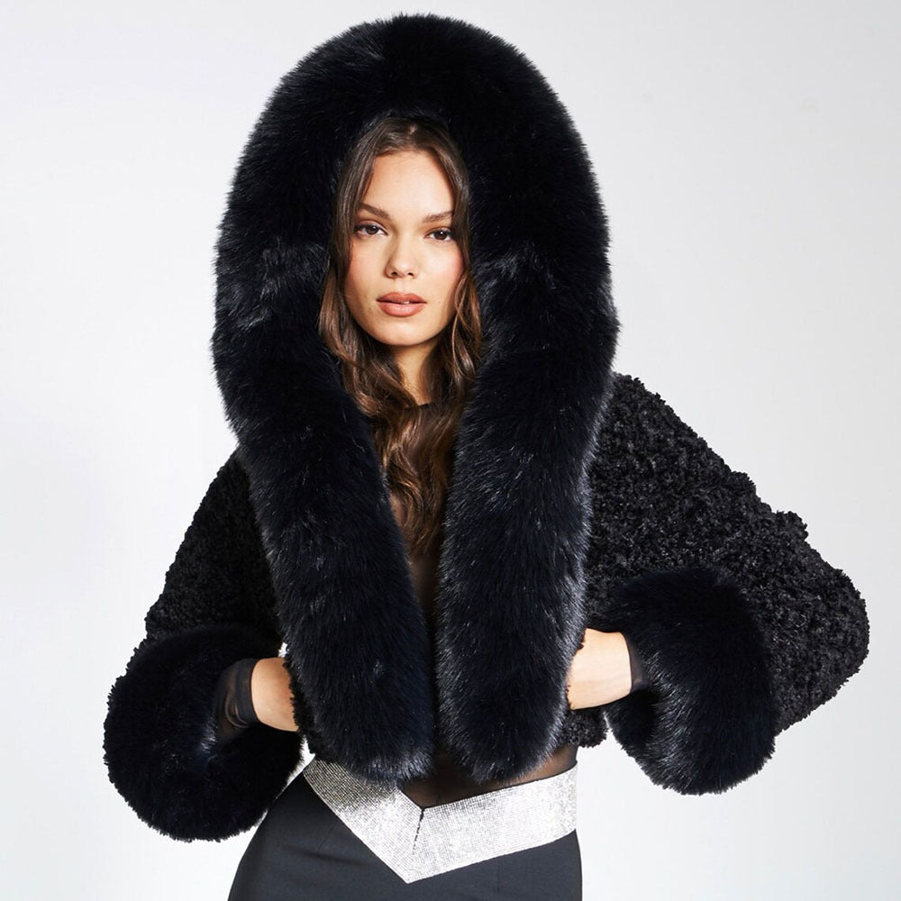 Solid Thickened Fur Collar Cropped Coat