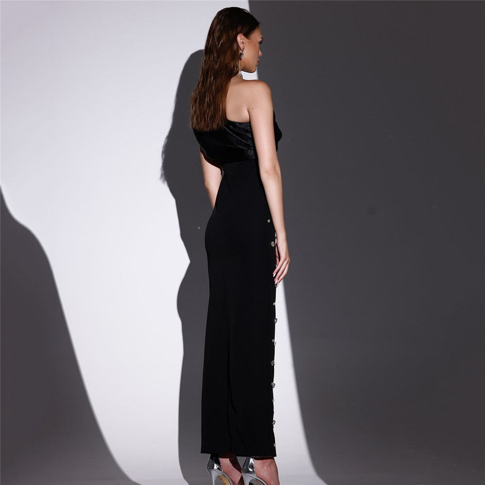 One Shoulder Ruffle Rhinestone Embellished Bandage Column Maxi Gown - View 4