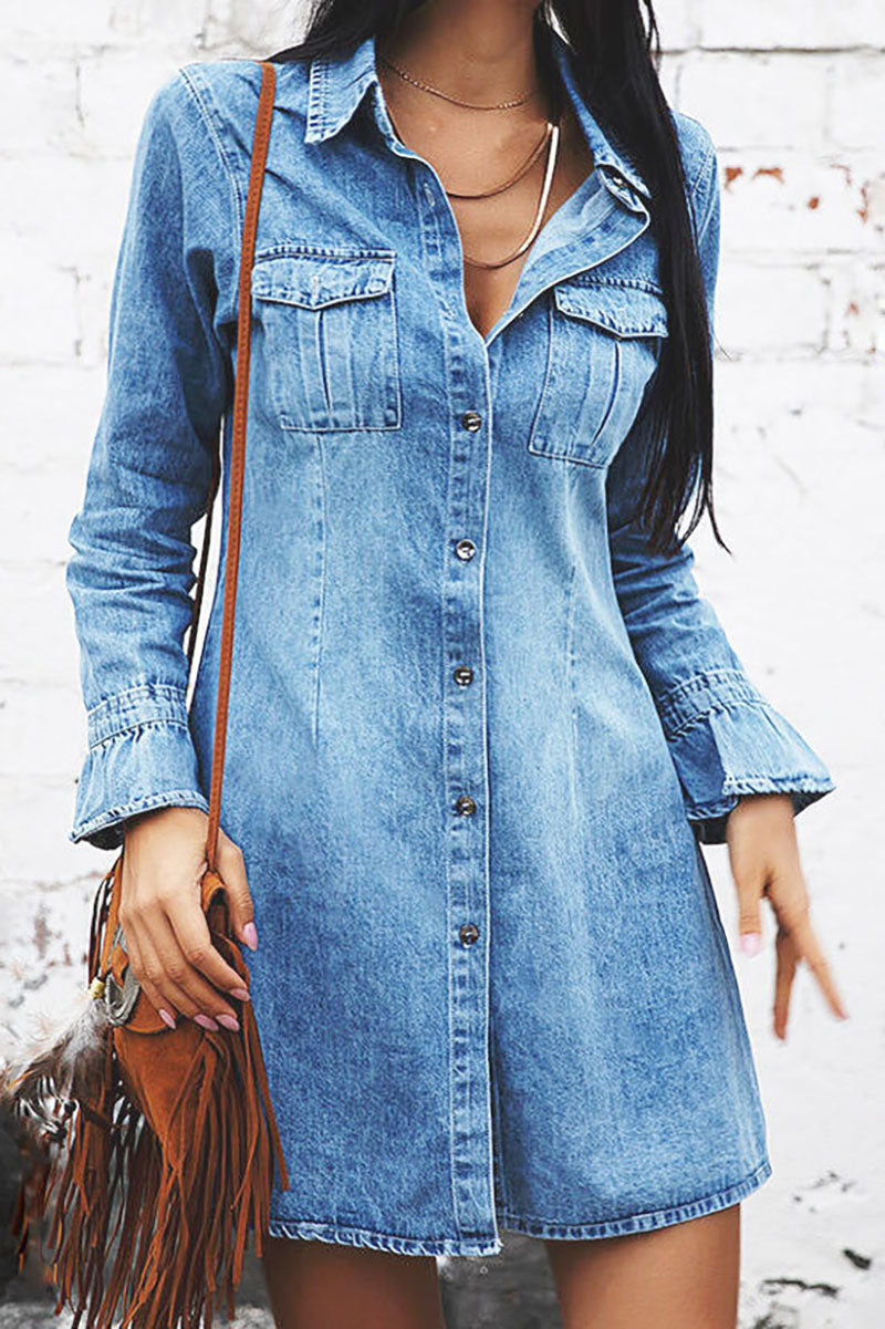 Long sleeve slim fit lapel denim dress Fashionpara
