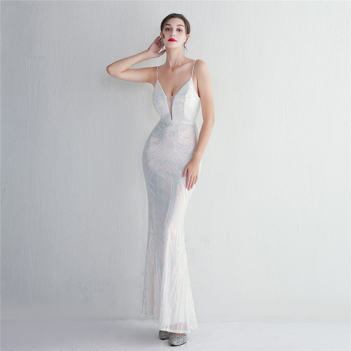 Sequin Deep V-Neck Spaghetti Strap Mermaid Gown 2