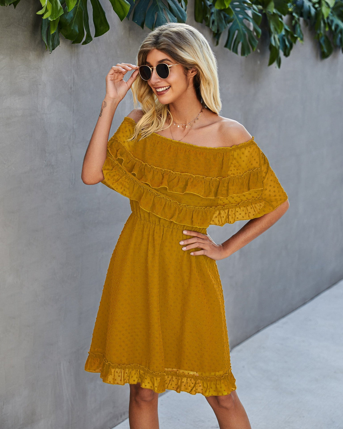 Swiss Dot Off Shoulder Ruffle Mini Dress