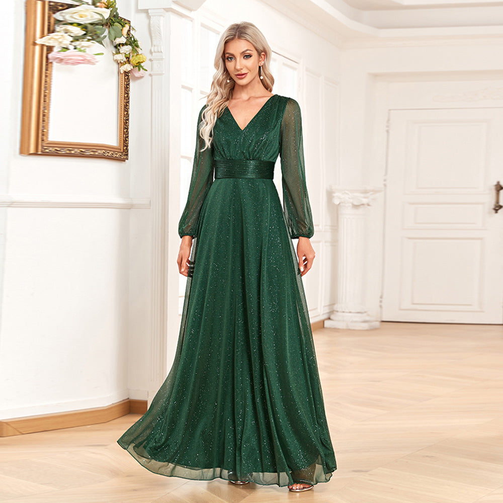 Glitter V-Neck Long Sleeve A-Line Chiffon Maxi Dress