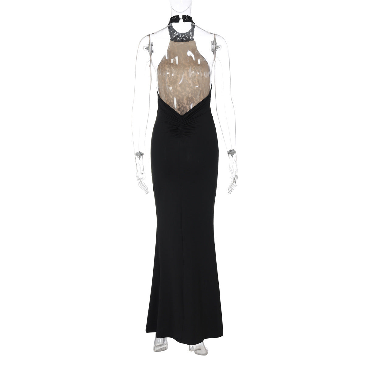 Halter Floral Lace Panel Ruched Bodycon Dress 10