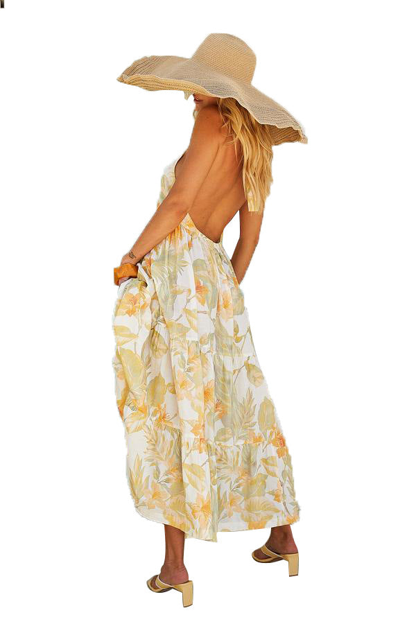 Floral Print Halter Neck Tiered Maxi Dress