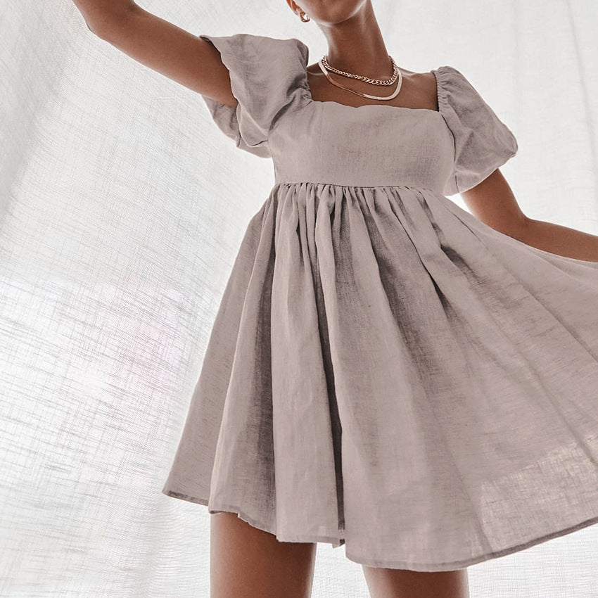Linen Square Neck Puff Sleeve Babydoll Mini Dress 2