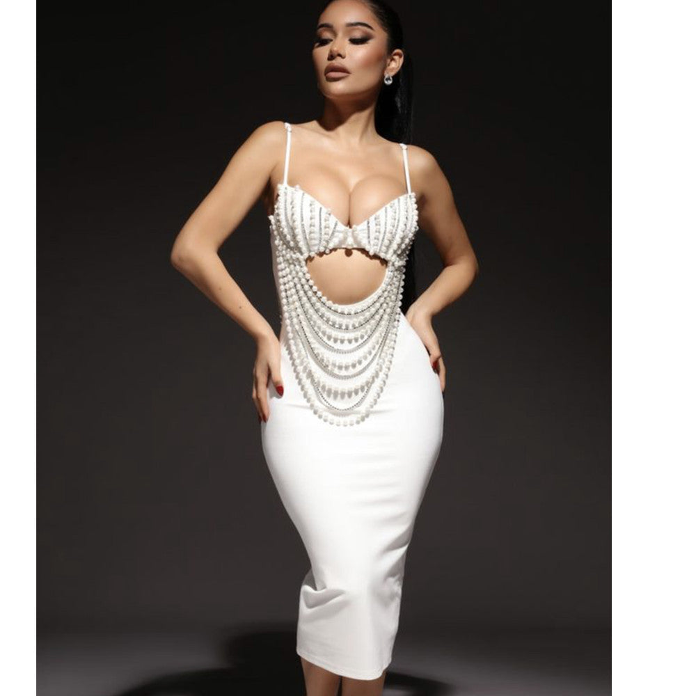 Pearl Embellished Cutout Bodycon Midi Dress