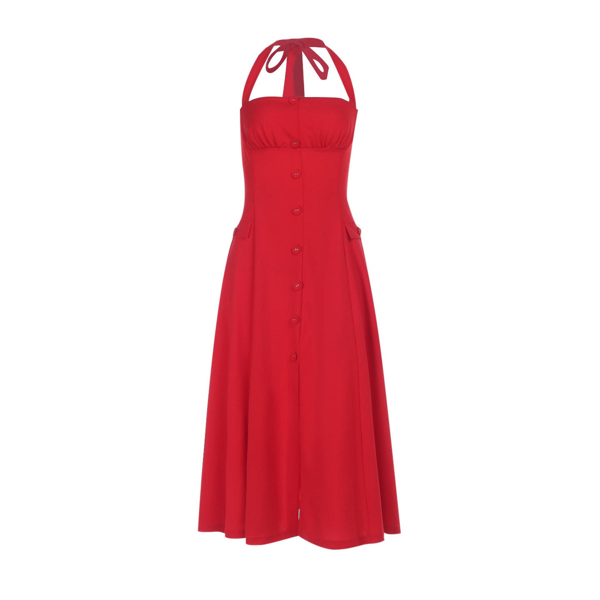 Halter Sweetheart Button-Front Flared Midi Dress 8