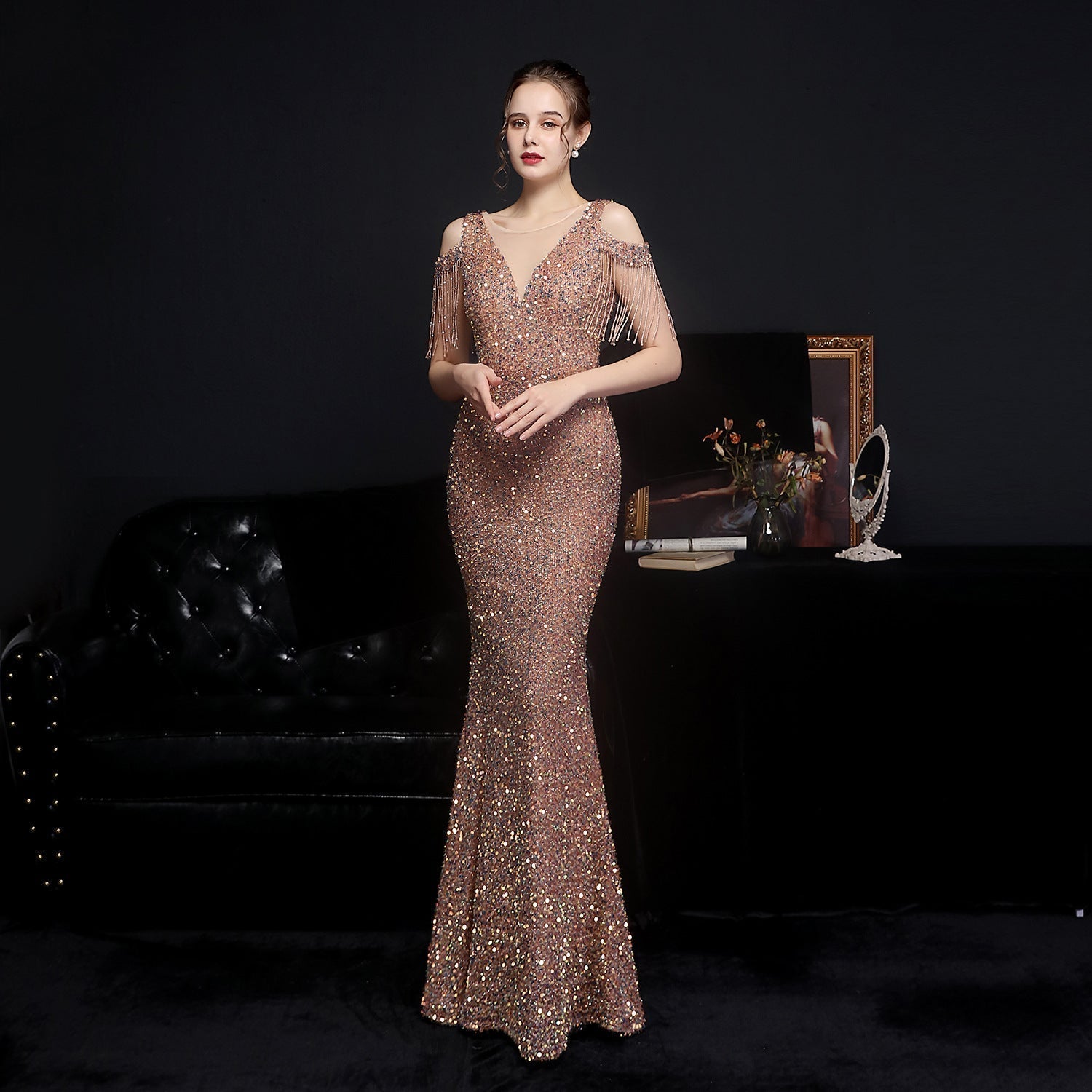 Emery sequined fringed fishtail dress - Fashionpara