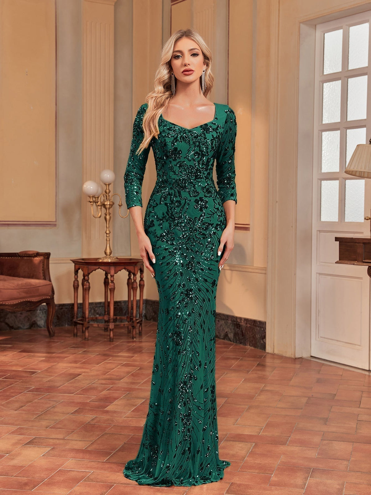 Sequin Scoop Neck Long Sleeve Mermaid Maxi Evening Dress - View 4