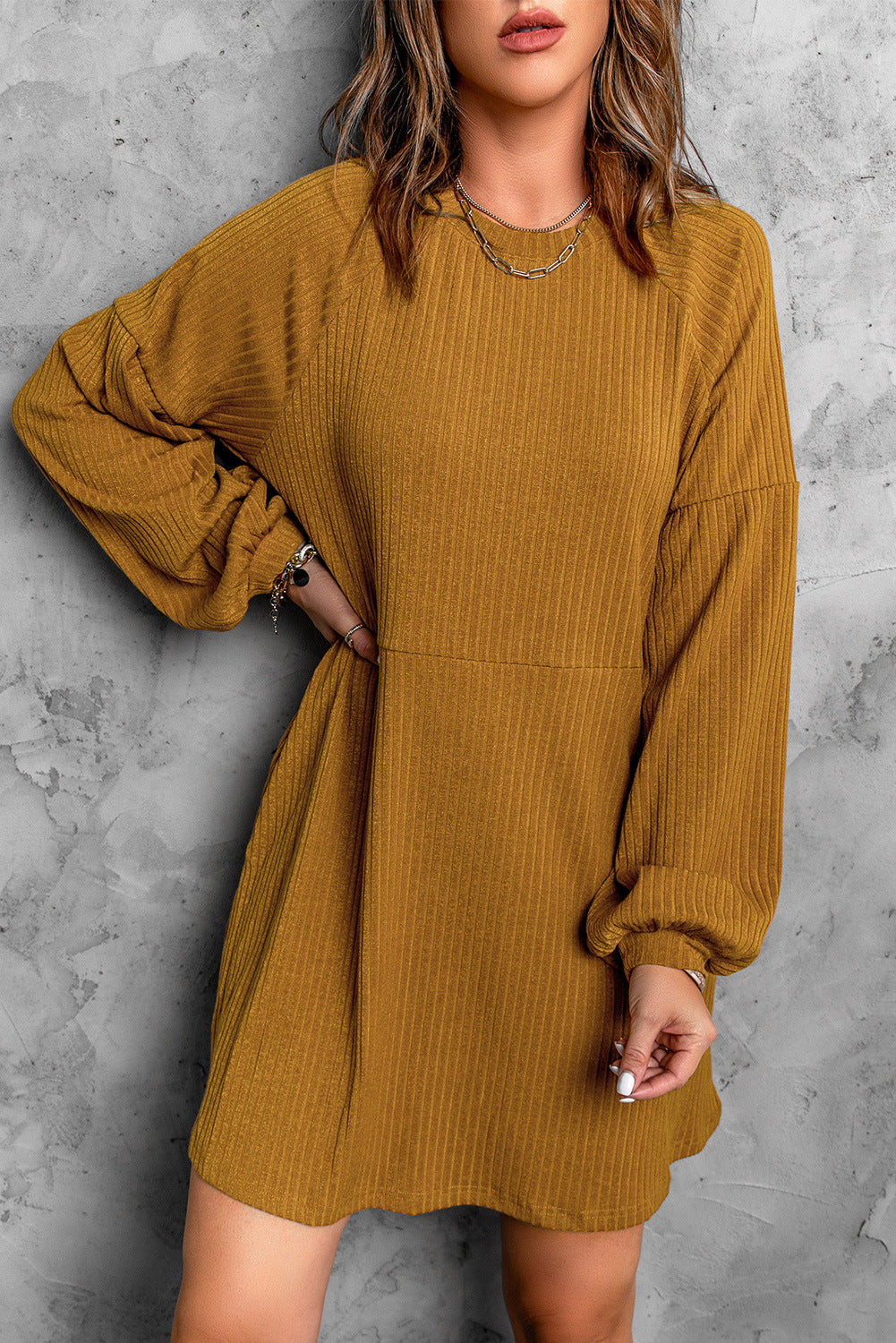 Solid color round neck high waist knitted midi dress Fashionpara
