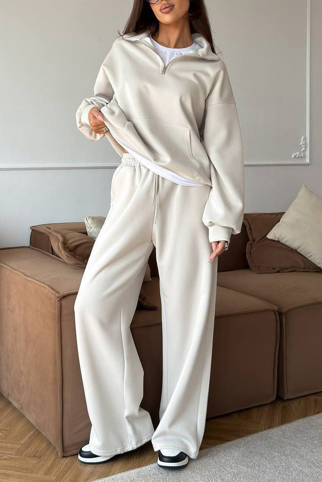Zippered Half-High Collar Pullover and Wide-Leg Pants Set