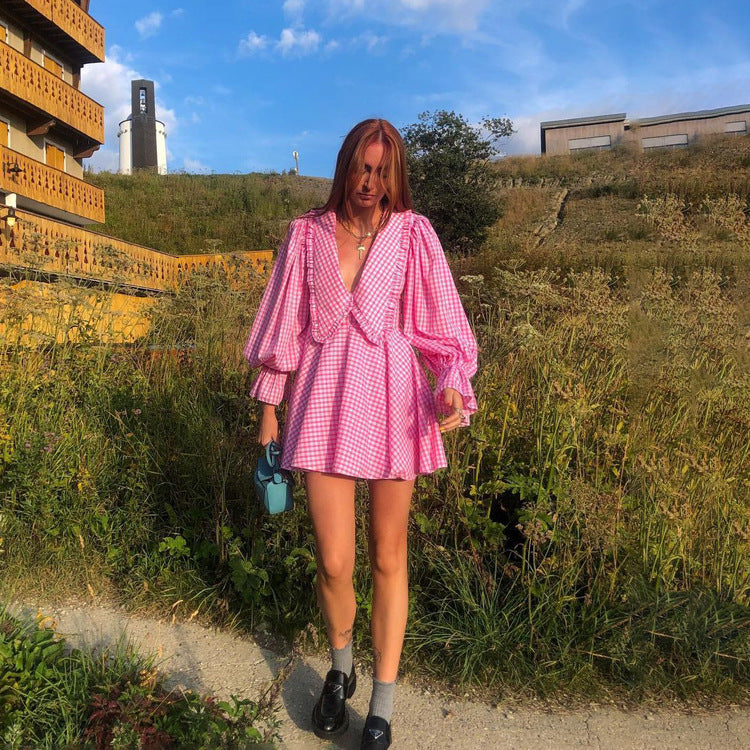 Pink Plaid Doll Collar Long Sleeve Dress GracefulA line Dress - Fashionpara