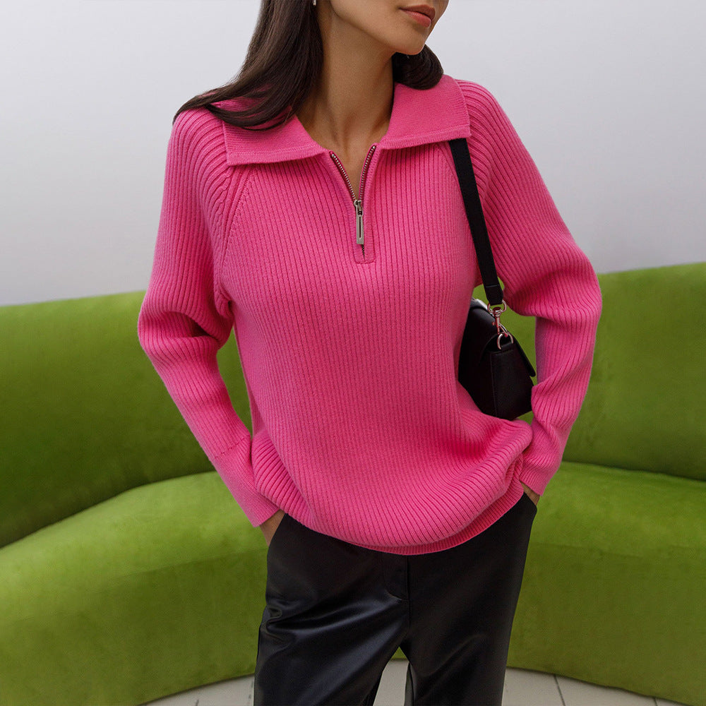 Collared Quarter Zip Ribbed Knit Sweater 2