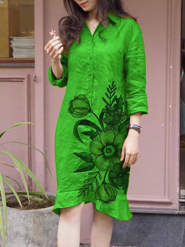 Loose printed mid-length irregular lapel dress