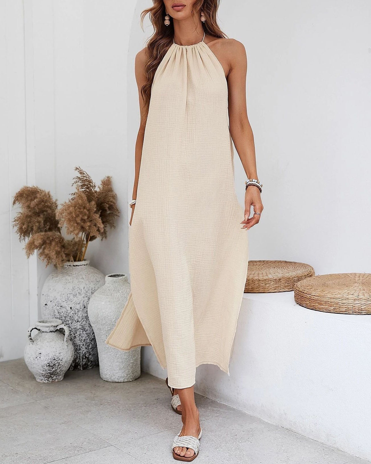 Woven Elegant Backless Halterneck Vacation Dress