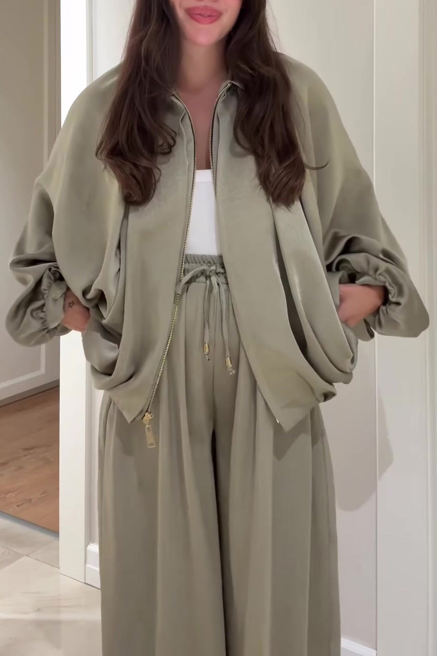 Lantern-Sleeve Zipper Jacket & Wide-Leg Pants Set