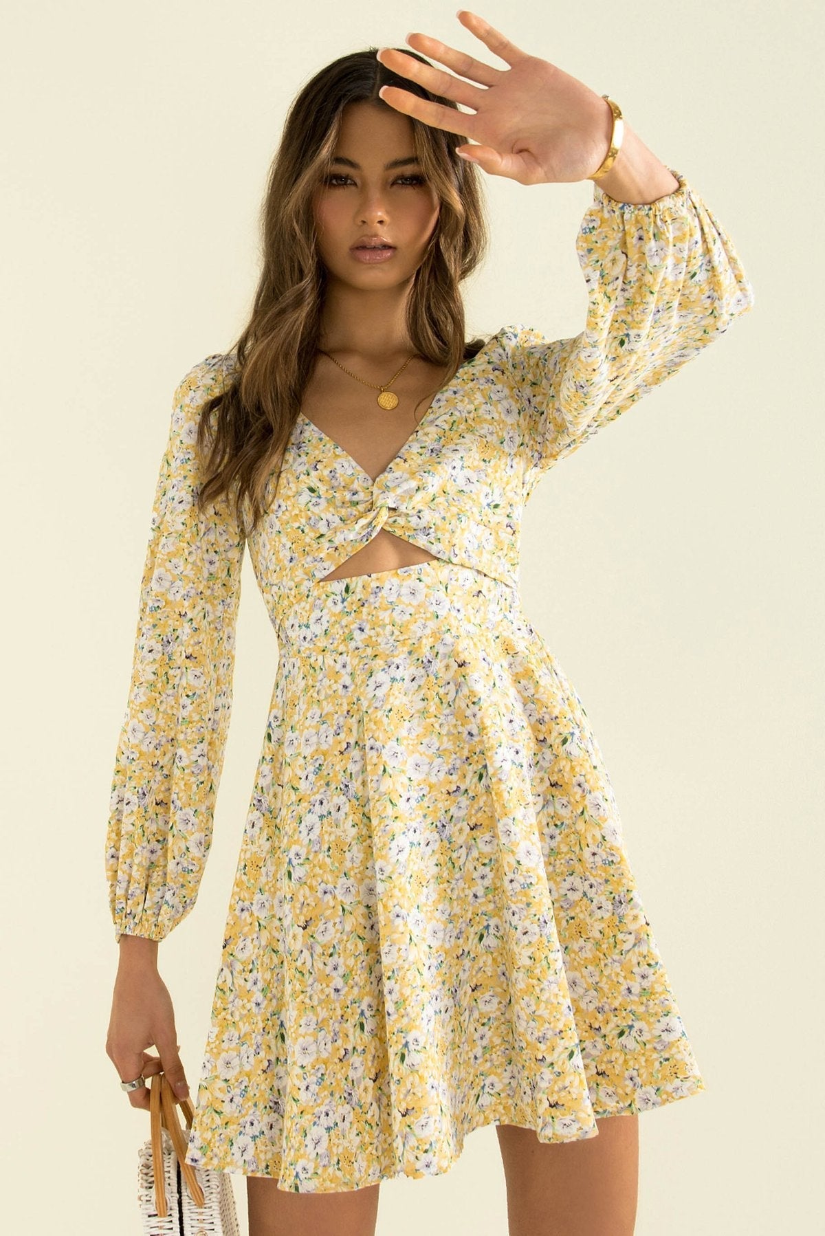 Floral Print Twist Front Cutout Puff Sleeve Mini Dress 3