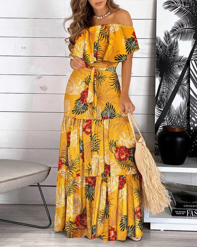 Floral Print Off Shoulder Top & Tiered Maxi Skirt Set