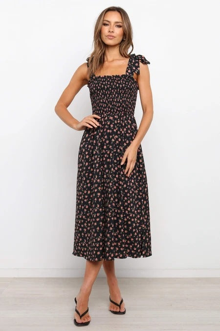 Ditsy Floral Square Neck Smocked Ruffle Strap Midi Dress