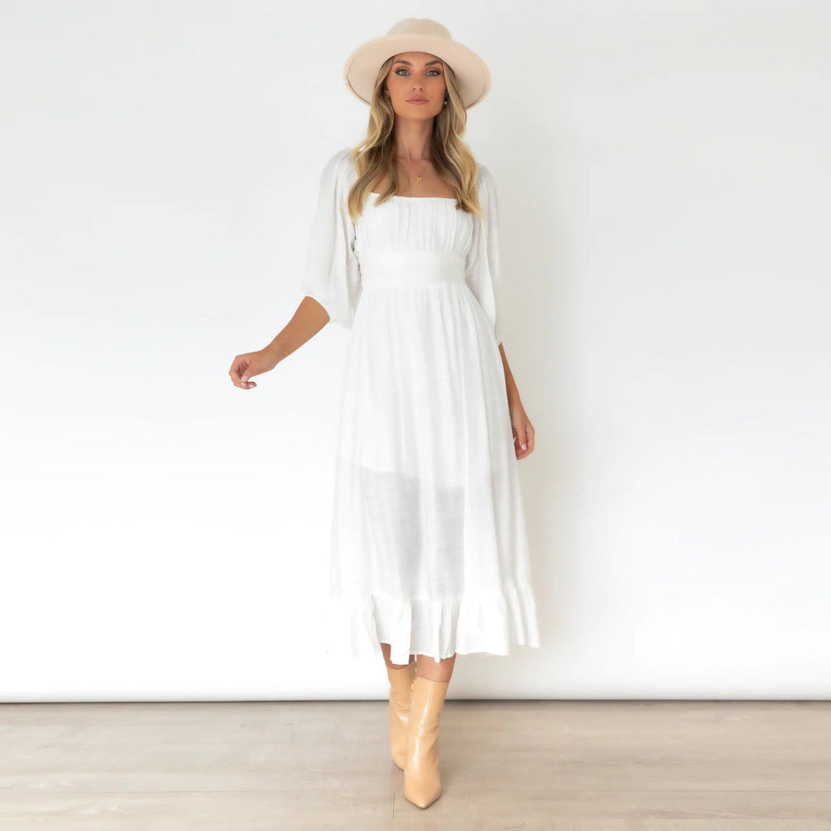 Square Neck Puff Sleeve Empire Waist Midi Dress