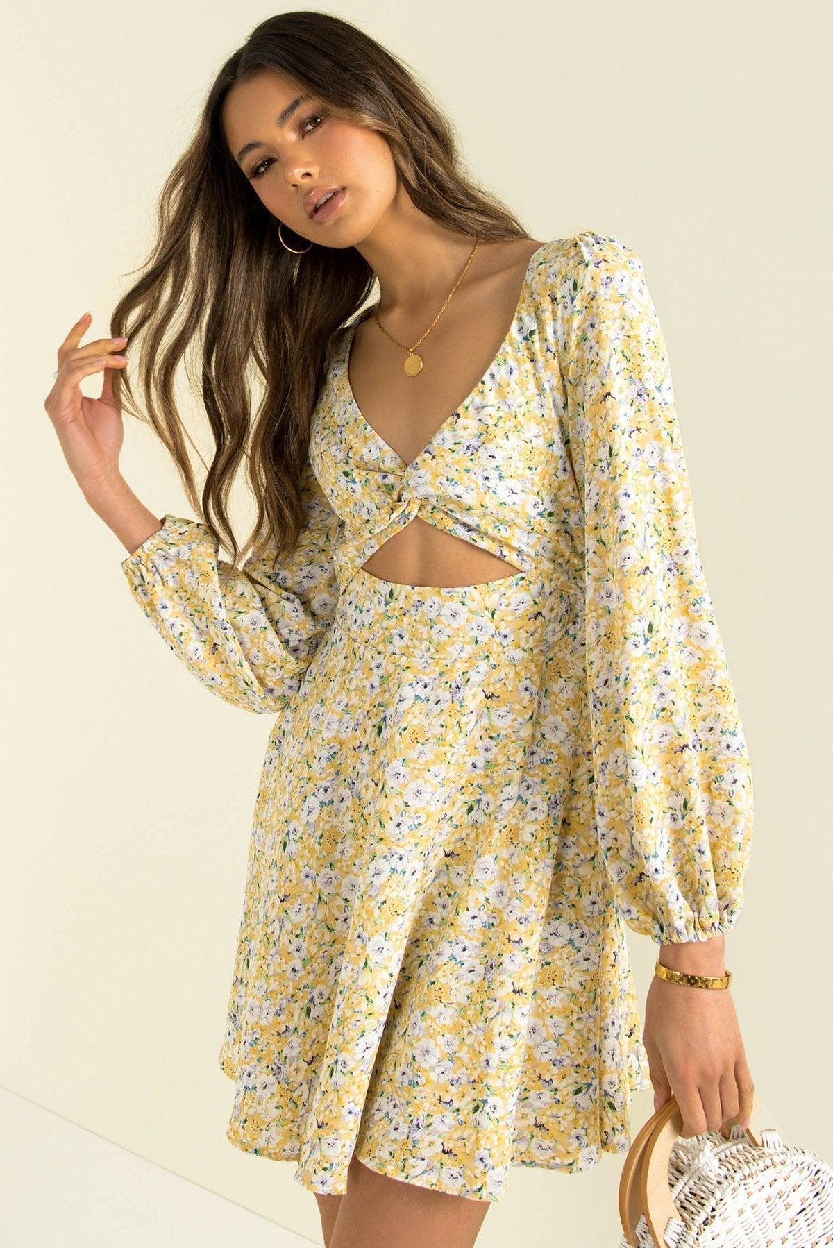 Floral Print Twist Front Cutout Puff Sleeve Mini Dress 2