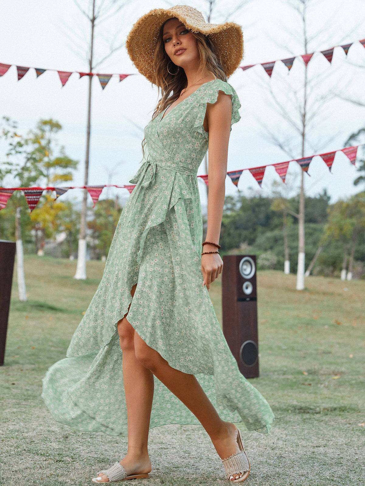Floral Print V-Neck Flutter Sleeve Wrap Maxi Dress