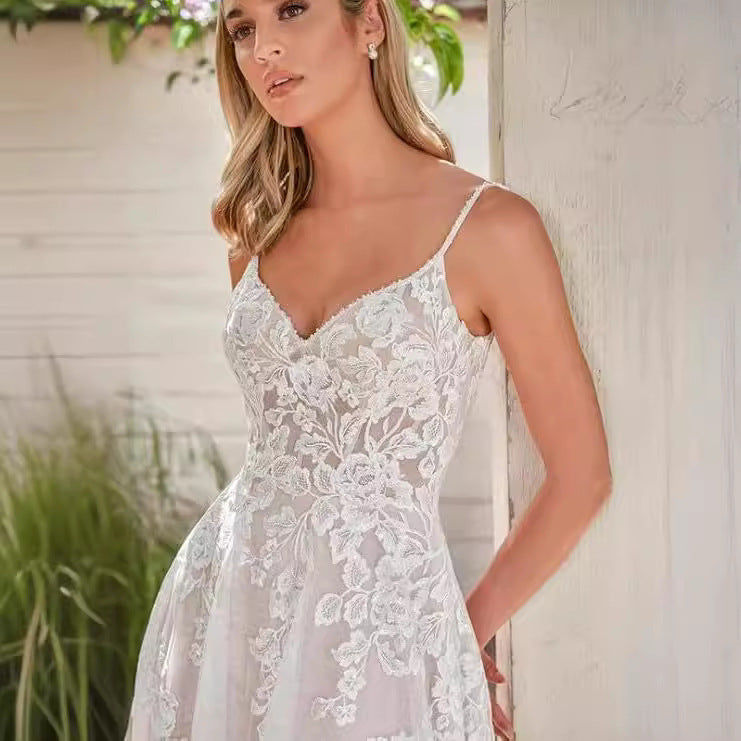 Spaghetti Strap Sheer Tail Wedding Dress