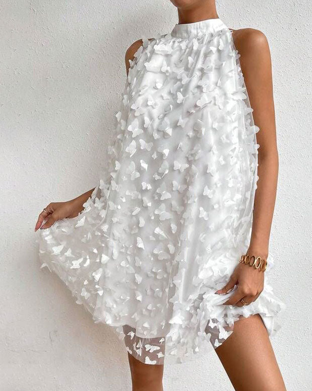 Floral Applique Mesh Halterneck Mini Dress