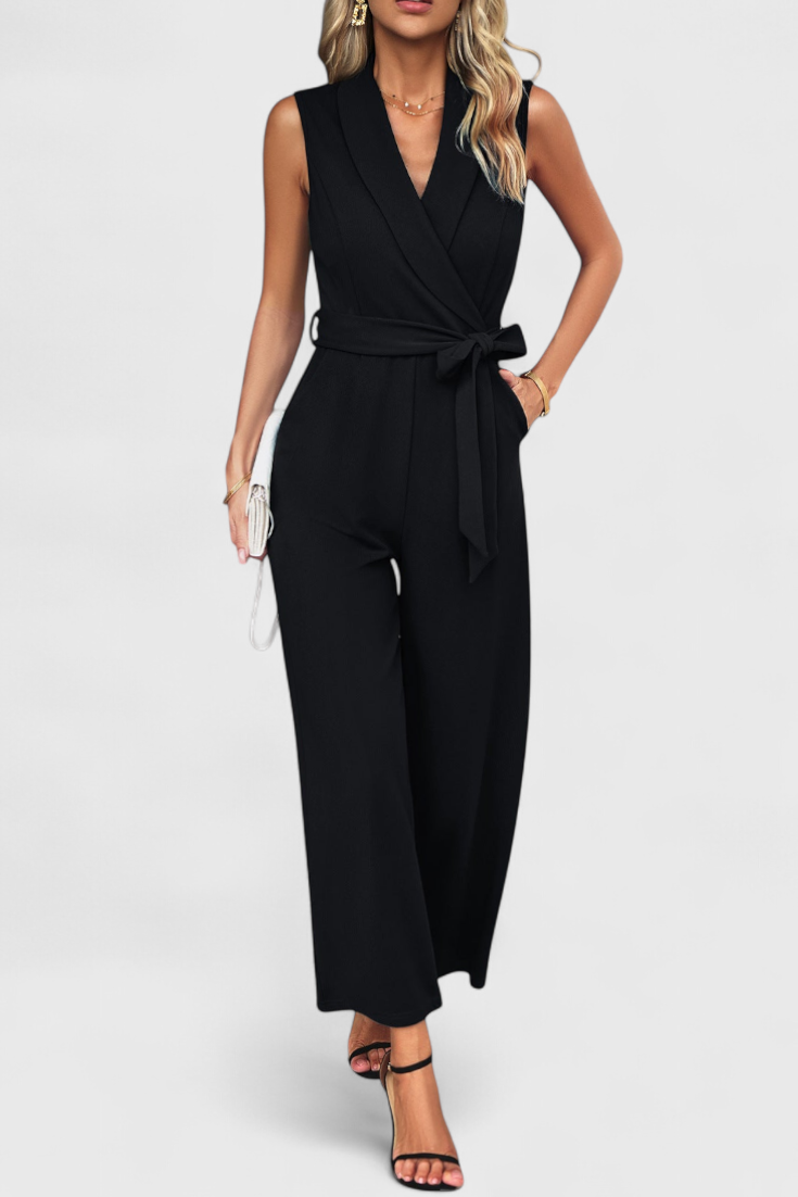 Wrap V-Neck Belted Sleeveless Wide Leg Jumpsuit