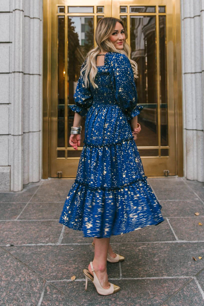 Star Print Square Neck Puff Sleeve Tiered Midi Dress