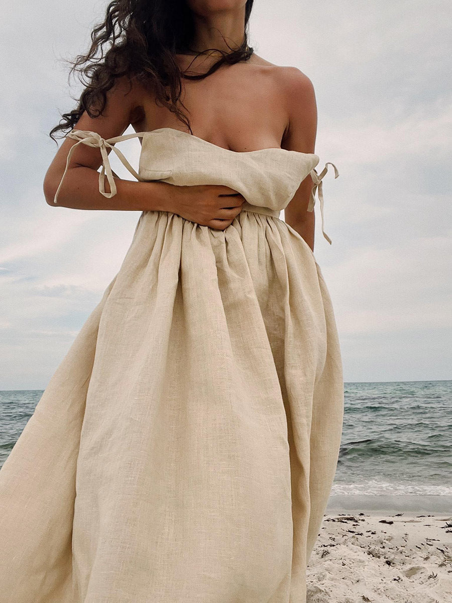 Pure cotton V-neck Strapless Backless Dress