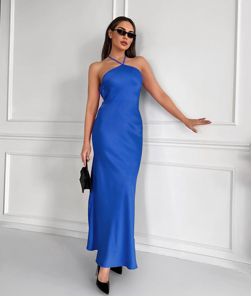 Satin Halter Cowl-Neck Bias-Cut Slip Maxi Dress