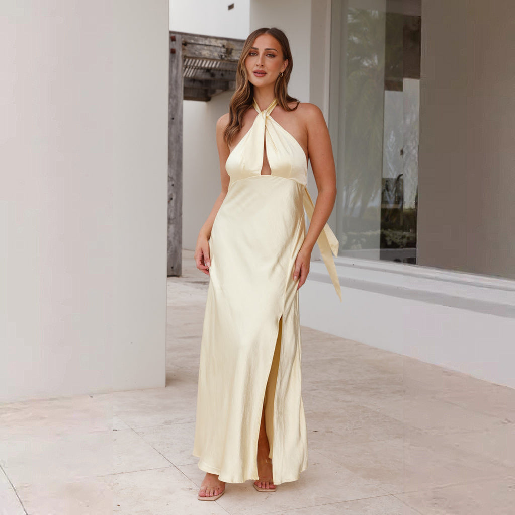 Satin Halterneck Cross-Front Cutout Backless Slit Maxi Dress 2