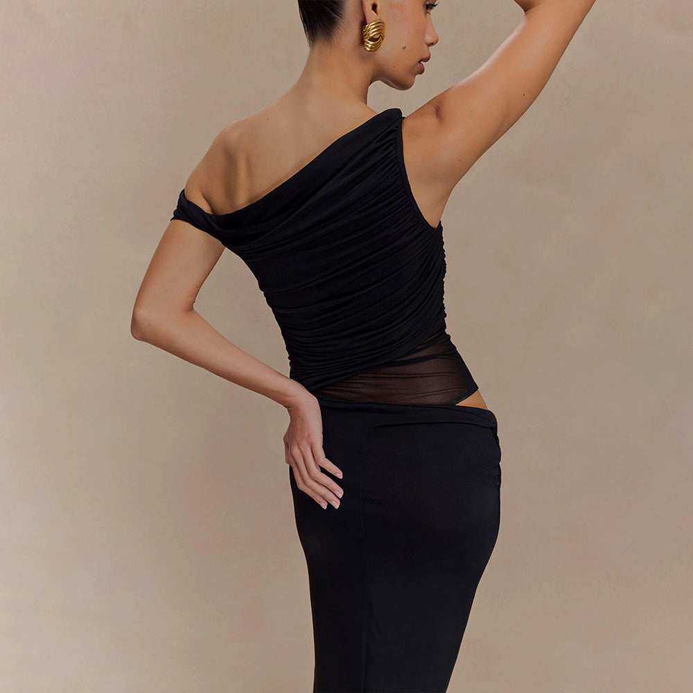 One-Shoulder Ruched Mesh-Cutout Column Maxi Gown 4